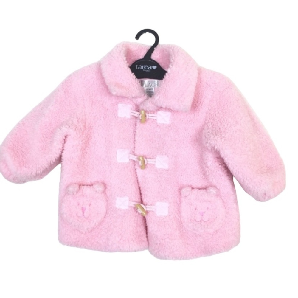 Children’s place pink fuzzy teddy bear coat with toggle buttons 12 months